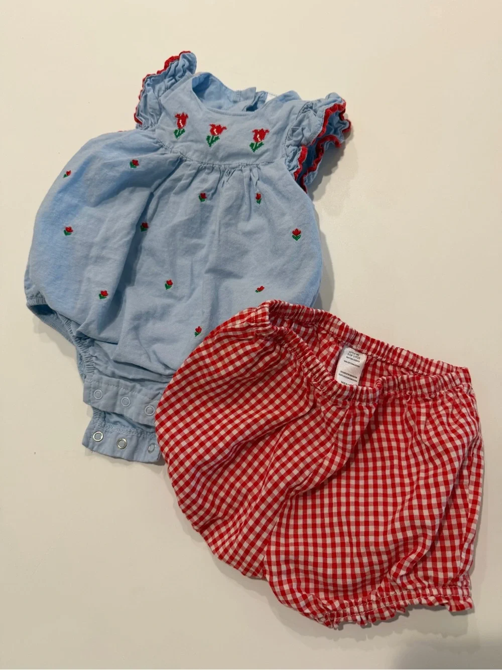 Little Me Light Blue Embroidered Floral Romper with Red Gingham Bloomers Size 6M